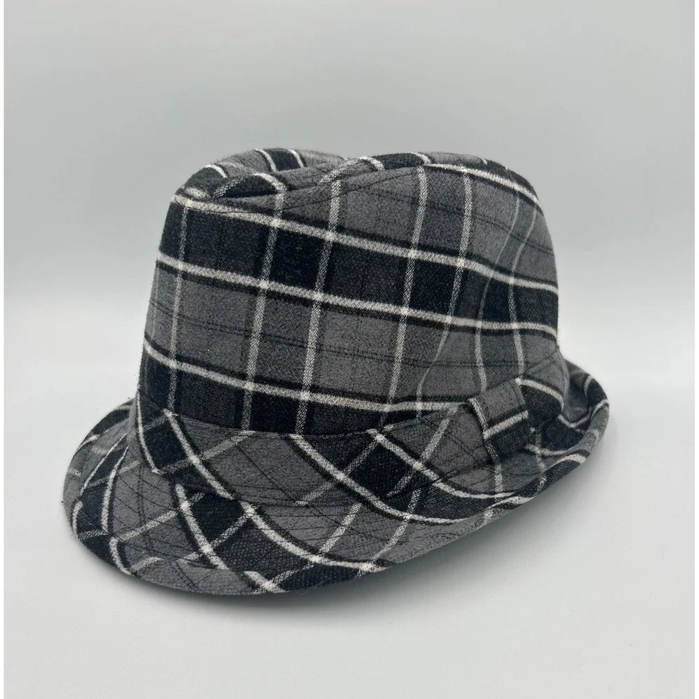 Grey Black Plaid Fedora Hat‎ Classic Tartan Short Brim Unisex Trilby Style